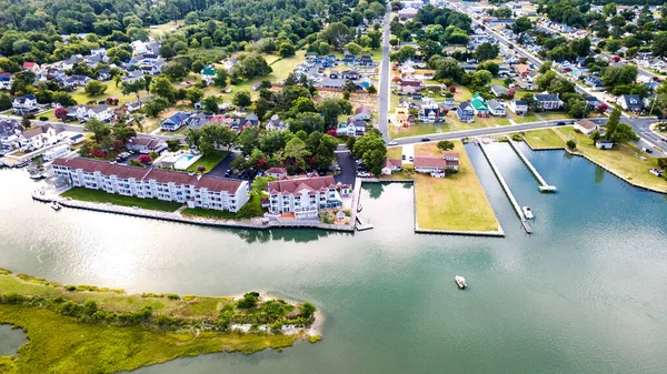 Vue Sur Île Chincoteague Route Long Baie Maisons Motels Avec — Photo