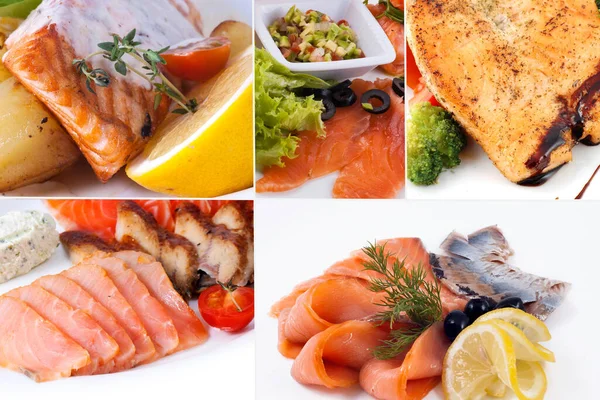 Collage Various Red Fish Dishes Seafood Menu White Plates — Stock Photo, Image