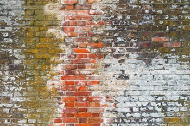 Eski Tuğla Duvar dokusu. Grungy Wide Brickwall 'da. Grunge Red Stonewall arka planı. Soyut Web Afişi. Uzayı kopyala Shabby İnşaat Cephesi.