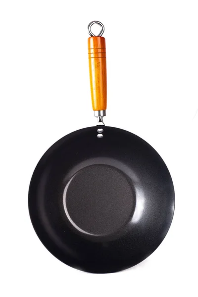 Big Black Wok Cooking Wooden Handle White — Stock Photo, Image