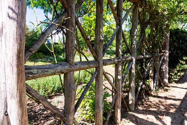 緑の植物を持つ古い木製のペルゴラのクローズアップ 木造丸太の締め付けと交差 — ストック写真