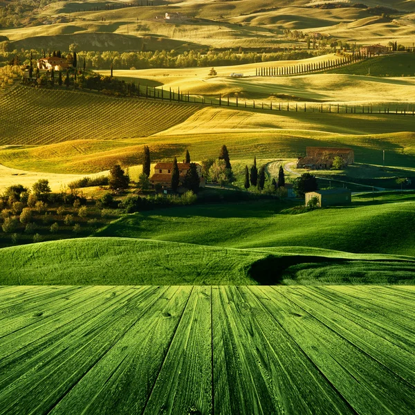 Landschap in Toscane met houten vloer — Stockfoto