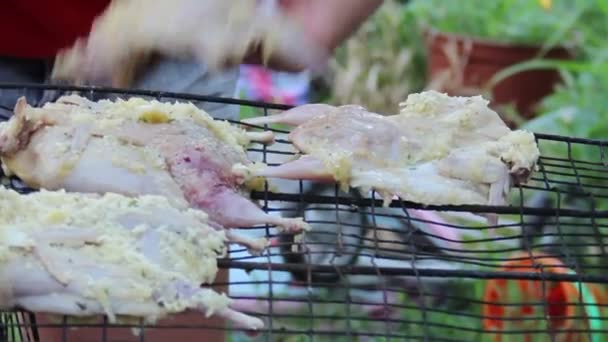 Vaktlar på grillen — Stockvideo