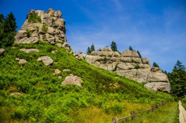 Tustan kalesinin yerine kayalar - Ukrayna 'nın Lviv bölgesindeki Skole Beskids Ulusal Doğa Parkı' ndaki bir ortaçağ uçurum kenti, arkeolojik ve doğal anıt