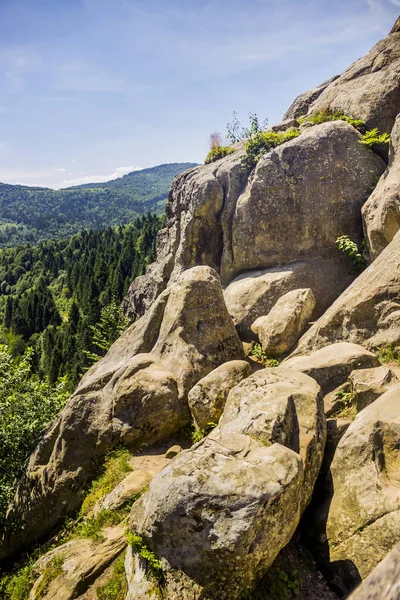 Tustan kalesinin yerine kayalar - Ukrayna 'nın Lviv bölgesindeki Skole Beskids Ulusal Doğa Parkı' ndaki bir ortaçağ uçurum kenti, arkeolojik ve doğal anıt