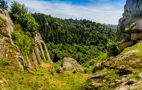 Tustan kalesinin yerine kayalar - Ukrayna 'nın Lviv bölgesindeki Skole Beskids Ulusal Doğa Parkı' ndaki bir ortaçağ uçurum kenti, arkeolojik ve doğal anıt