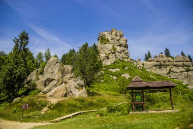 Tustan kalesinin yerine kayalar - Ukrayna 'nın Lviv bölgesindeki Skole Beskids Ulusal Doğa Parkı' ndaki bir ortaçağ uçurum kenti, arkeolojik ve doğal anıt