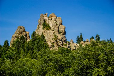 a rocks in place of Tustan fortress - a Medieval cliff-side fortress-city, archaeological and natural monument in Skole Beskids National Nature Park, Lviv region, Ukraine