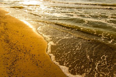 Deniz sahilinde kum ve köpük yakın plan, Azov Denizi, Ukrayna