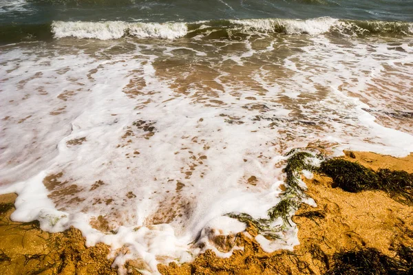 Närbild Sand Och Skum Vid Havet Stranden Azovska Sjön Ukraina — Stockfoto