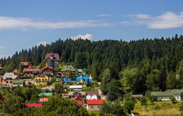 Some Cottages Houses Valley Spruse Forest Carpathians Foggy Weather Lviv — Stock Photo, Image