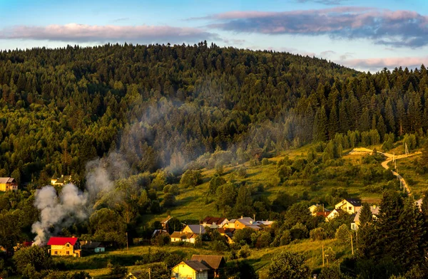Ukrayna Karpatya 'sında küçük bir kasabanın dışındaki evler ve kulübelerin hava manzarası.