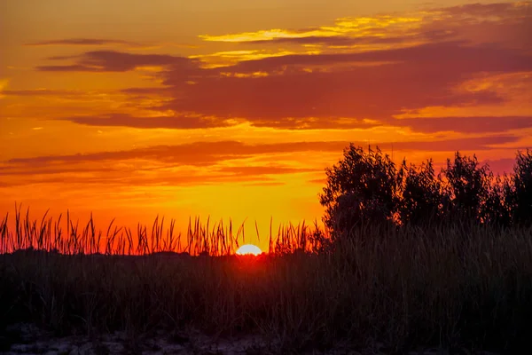 Una Puesta Sol Roja Bajo Estepa Ucraniana Cerca Del Mar — Foto de Stock