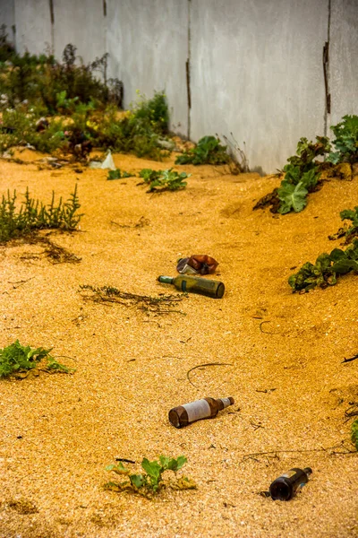 Garrafas Vinho Vazias Outro Lixo Praia Mar Perto Cerca Concreto — Fotografia de Stock