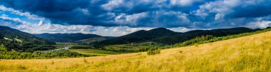 Karpatya dağlarında kırsal bir manzara, Skole Beskids Ulusal Doğa Parkı, Ukrayna 'nın Lviv bölgesi