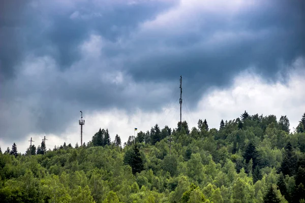 Telecommunication Tower Flagpole Ukrainian Flag Carpathian Mountains Skole Beskids National — Stock Photo, Image