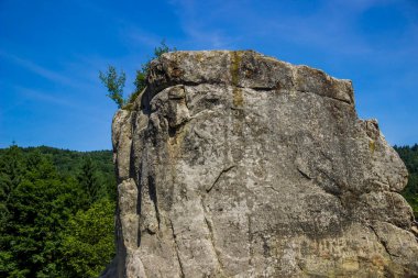 a rocks in place of Tustan fortress - a Medieval cliff-side fortress-city, archaeological and natural monument in Skole Beskids National Nature Park, Lviv region, Ukraine