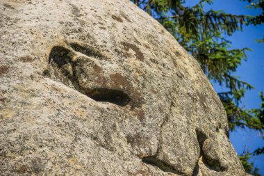 Tustan kalesi yerine ahşap kirişleri olan kayalar - Ukrayna 'nın Ukrayna bölgesindeki Skole Beskids Ulusal Doğa Parkı' ndaki bir ortaçağ uçurum kenti, arkeolojik ve doğal anıt,