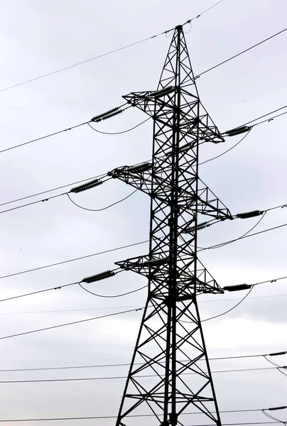 Close Big Iron Pole Electric Wires — Stock Photo, Image
