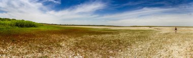 Ukrayna 'nın Azov Denizi yakınlarındaki bozkırda yürüyen bir kadınla kurumuş bir gölün panoramik görüntüsü.