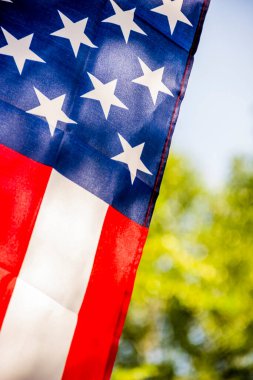 Bulanık doğa arka planında dalgalanan Amerika Birleşik Devletleri bayrağının yakın çekimi