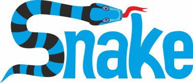 a word 'snake' with snake cartoon figure as letter S vector illustration
