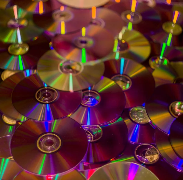 close-up of a many old compact discs