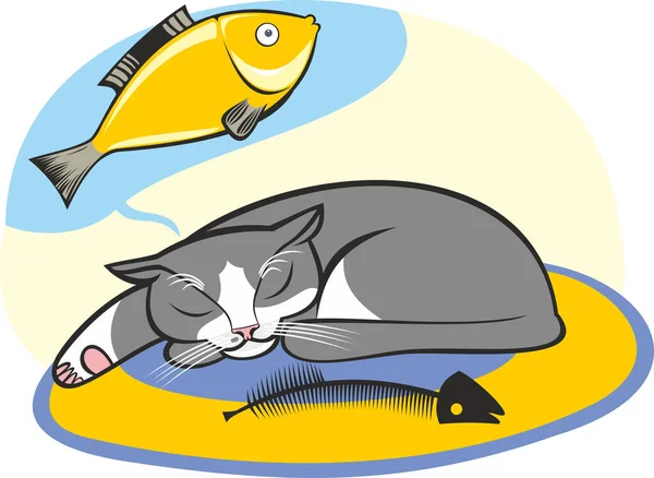 Векторная Иллюстрация Серого Кота Спящего Мечтающего Большой Рыбе Возле Скелета — стоковый вектор