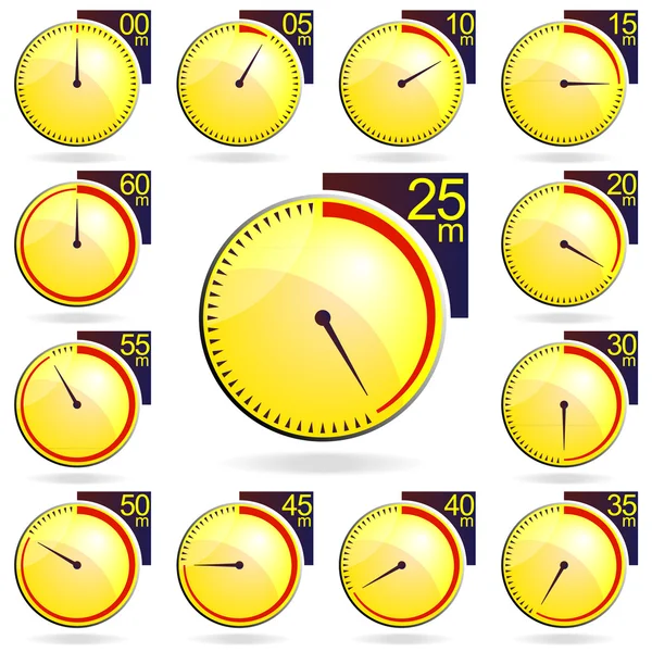 Stoppuhr - Gelbe Zeitschaltuhren eingestellt. Vektorillustration — Stockvektor