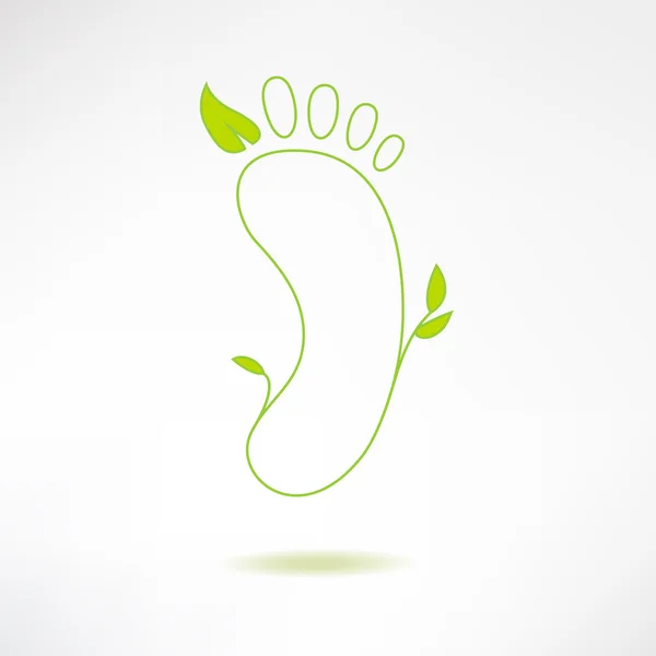 Logo del pie con hoja verde. Ecología y concepto de masaje. Icono de huella aislado en un fondo elegante. Ilustración vectorial — Vector de stock