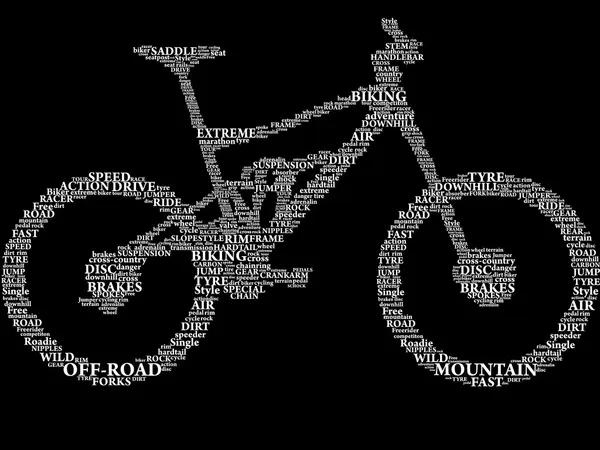 Silueta de bicicleta de montaña en palabras — Vector de stock