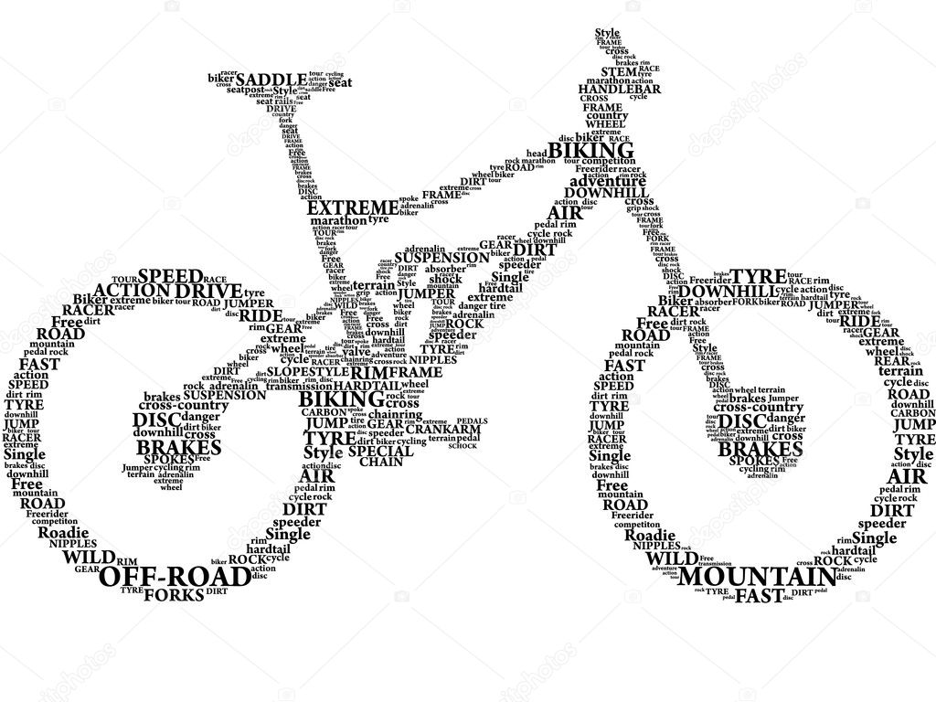 Silhouette of mountain bike in words