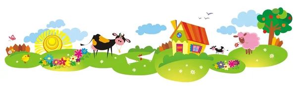 Cartone animato villaggio sfondo con mucca e colore casa — Vettoriale Stock