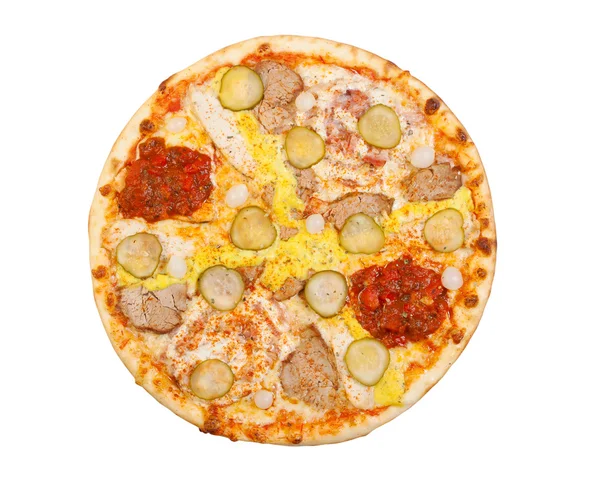 Pizza med pickles, fläsk, ost, äggula och chilisås, iso — Stockfoto