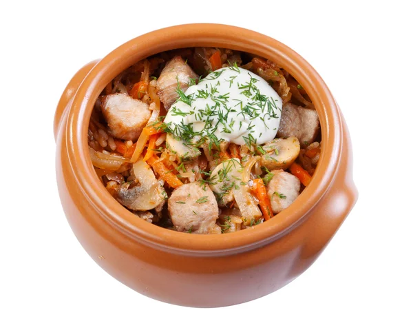 Pork with mushrooms, carrots and onions in a ceramic crock pot, — Stock Photo, Image