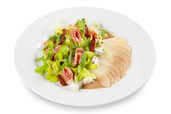 Salade de poire, laitue, piment, poivre, viande et fromage Image En Vente