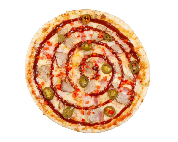 Pizza con prosciutto, pancetta, formaggio, peperoni, isolato Foto Stock