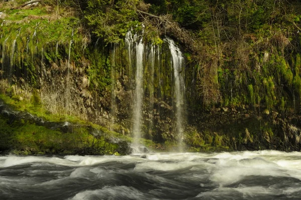 Água em cascata caindo sobre rochas musgosas escuras — Fotografia de Stock