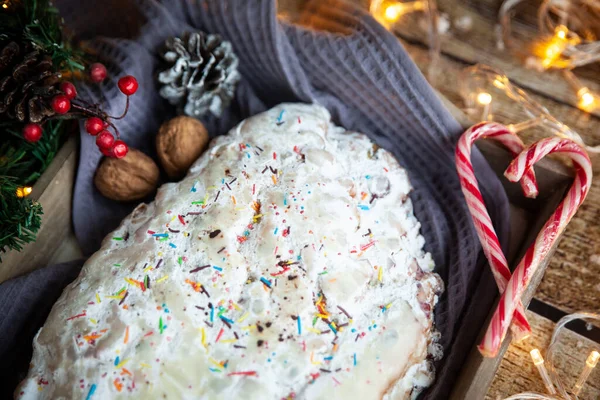 Traditioneller Christstollen Auf Holzboden Deutscher Weihnachtskuchen Ansicht Von Oben — Stockfoto