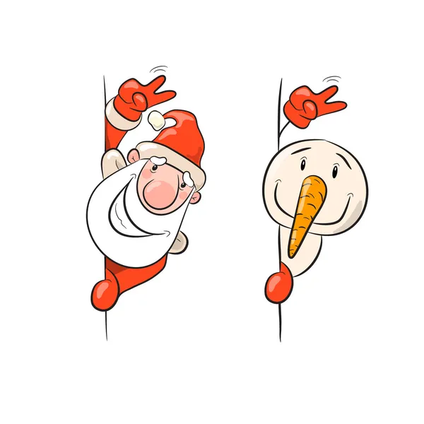 Weihnachtsmann und Schneemann mit Siegeszeichen — Stockvektor