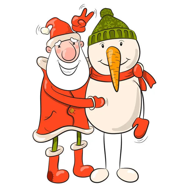 Père Noël et bonhomme de neige avec signe de victoire — Image vectorielle