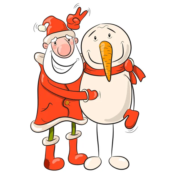 Santa Claus and snowman with sign of victory — Stock Vector