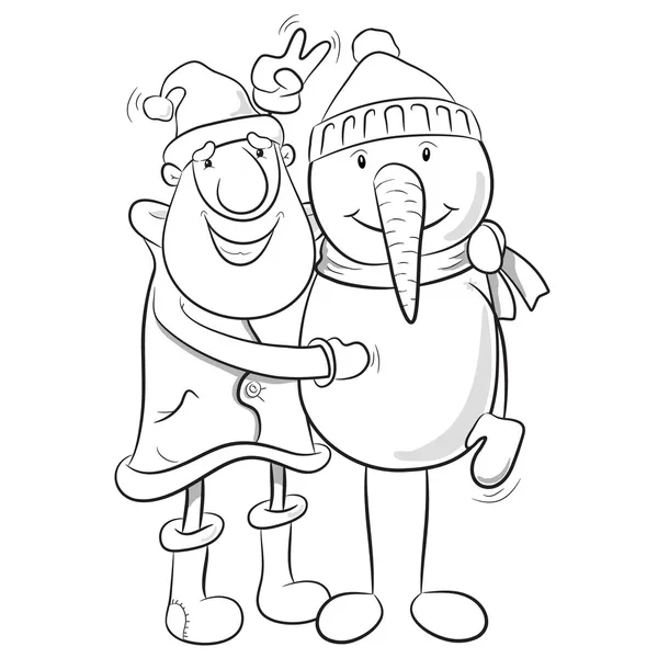 Santa Claus y muñeco de nieve con signo de victoria — Vector de stock