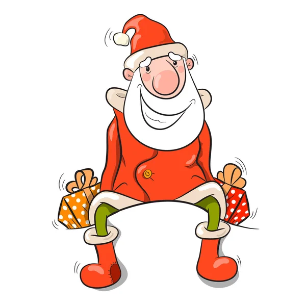 Santa Claus sentado en una bolsa con regalos — Vector de stock