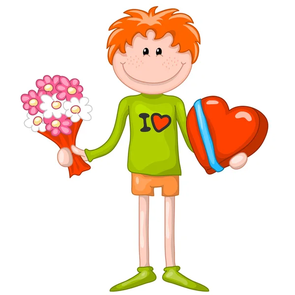 Chłopiec z polem wielkie serce, czekoladki i kwiaty. Walentynki — Wektor stockowy
