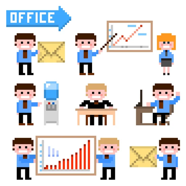 Uppsättning av pixel ikon. Office tema vektor illustration — Stock vektor