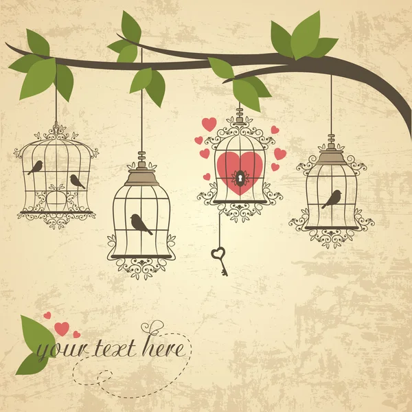 Oiseaux rétro en cage. Illustration vectorielle du thème Valentines — Image vectorielle