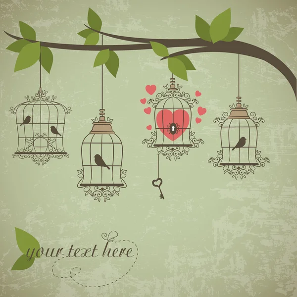 Oiseaux rétro en cage. Illustration vectorielle du thème Valentines — Image vectorielle