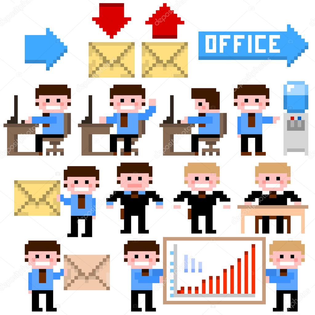 Set of pixel icon. Office theme vector illustration