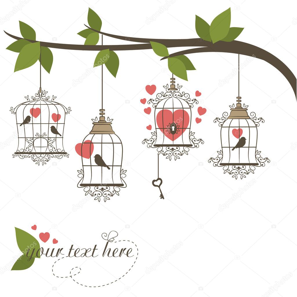 Birds in a cage. Vector illustration of Valentines theme